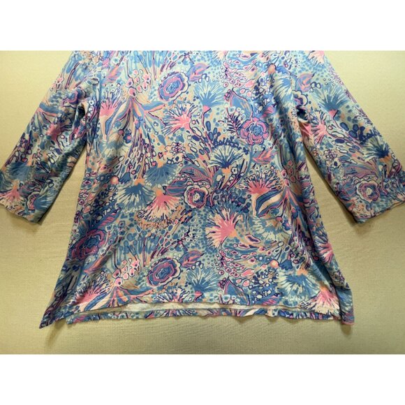 Talbots Lace Trim Tunic Flowing Floral Blouse Womens XL Blue 3/4 Sleeves Boho - Picture 11 of 11